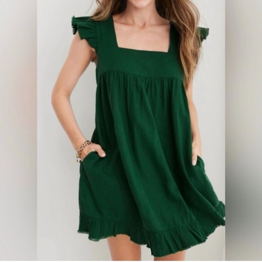 Aerie Emerald Mini Dress Sz M Green Linen Flutter Mini Babydoll Cottagecore